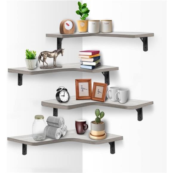Corner Floating Shelves Wall Set of 4, Rustic Wood Corner Display Shelve (Grey)